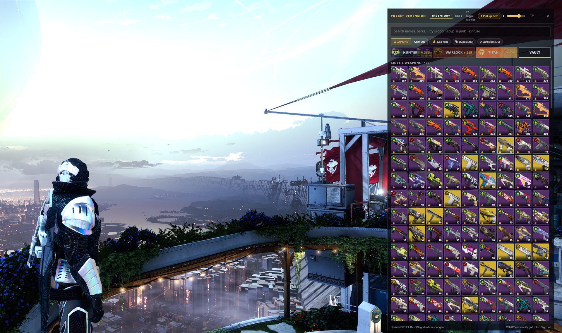 In game at the Tower, overlooking the City: the Pocket Dimension overlay floats on the right of the screen with a vault full of weapons and god-roll badges.